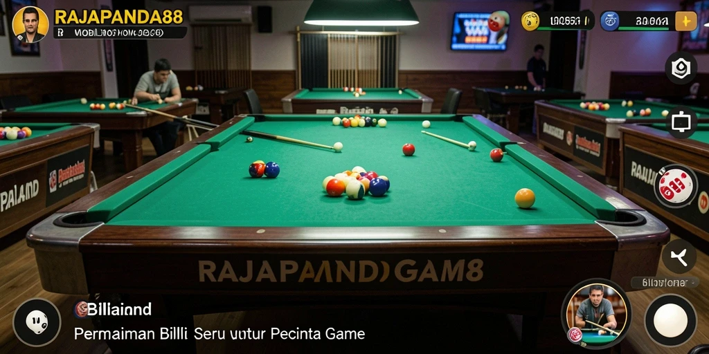 Screenshot antarmuka RAJAPANDA88 menampilkan permainan billiard yang menarik.